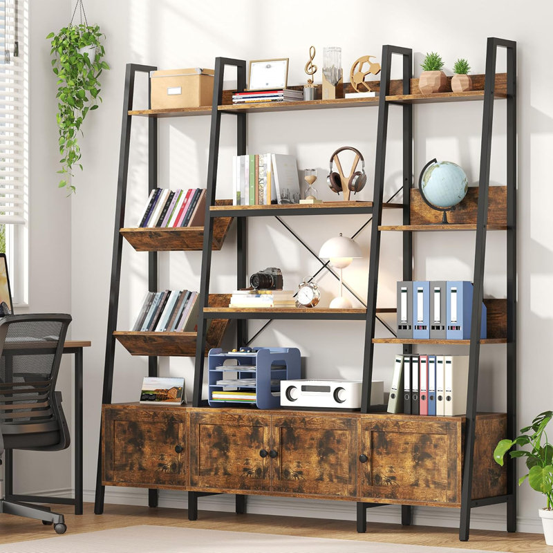 Bookcases And Bookshelves Triple Wide 4-tier Large Open Bookshelf, Ladder Bookshelves With 4 Doors For Living Room Bedroom Home Office