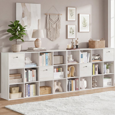12 Cube Modular Storage Organizer with Fabric Drawers, Rustic Wood White Bookcase & Room Divider,Individual