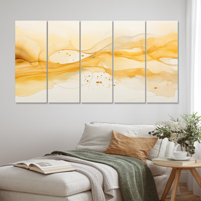 Undefined Continuation, liquide, vagues jaunes II - formes abstraites, reproduction d'art sur toile - 5 panneaux égaux