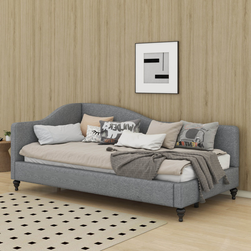 L-Shaped Linen Daybed With Solid Wood Legs, Gray, Twin