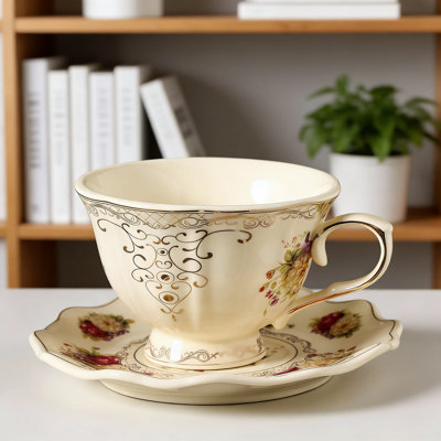 Vintage Floral Ceramic Coffee Mug And Saucer Set With Custom Stainless Steel Spoon | 8 Oz Cup & 6 Inch Plate | Lead-Free, Microwave & Dishwasher Safe For Tea And Coffee