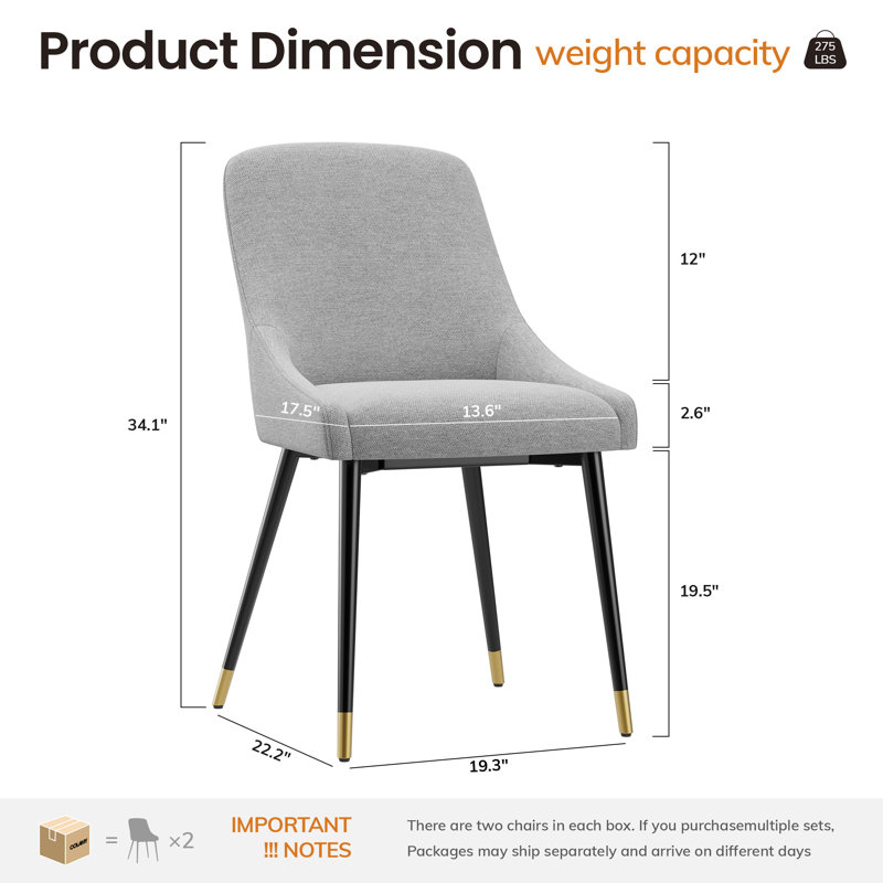 Chaises de salle à manger rembourrées en tissu moderne avec dossier ergonomique, pieds en métal doré, Beige