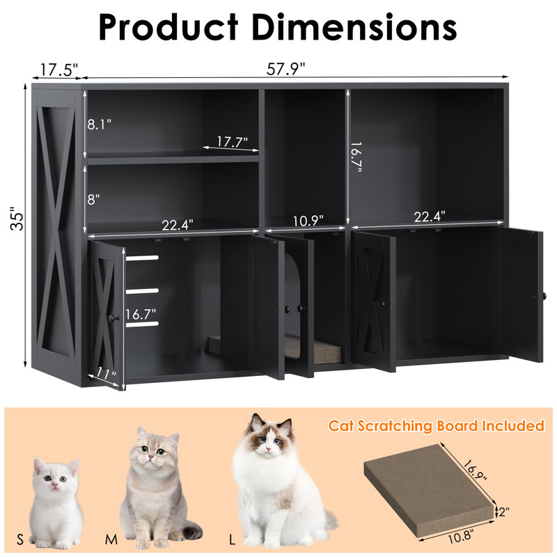 Litter Box Enclosure for 2 Cats with Scratch Pad, Hidden Litter Box Furniture with Storage Cabinet & Open Shelves, Black