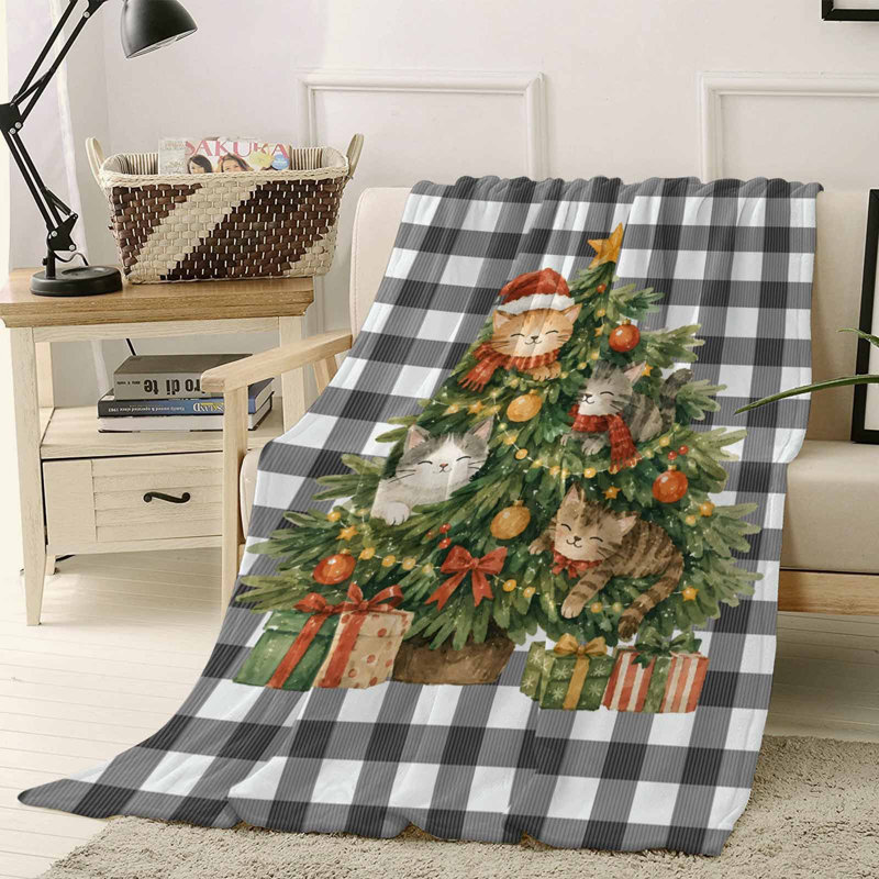 Plaid polaire 127 x 152 cm, motif chat de ferme et sapin de Noël, doux et léger, idéal pour l'hiver et Noël, à carreaux noirs et blancs, pour canapé et canapé, en toute saison. De plus, un sac fourre-tout en toile avec un chapeau de Noël pour chat vous est offert.