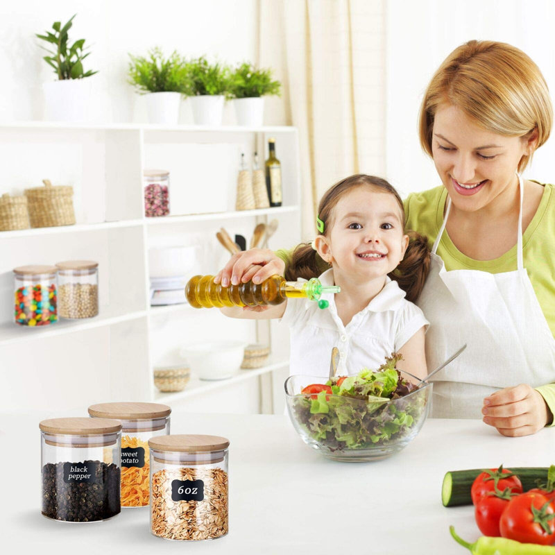 12 Pack 6oz /150ml Glass Spice Jars | Glass Storage Canisters with Bamboo Lids & Black Labels for Kitchen Pantry