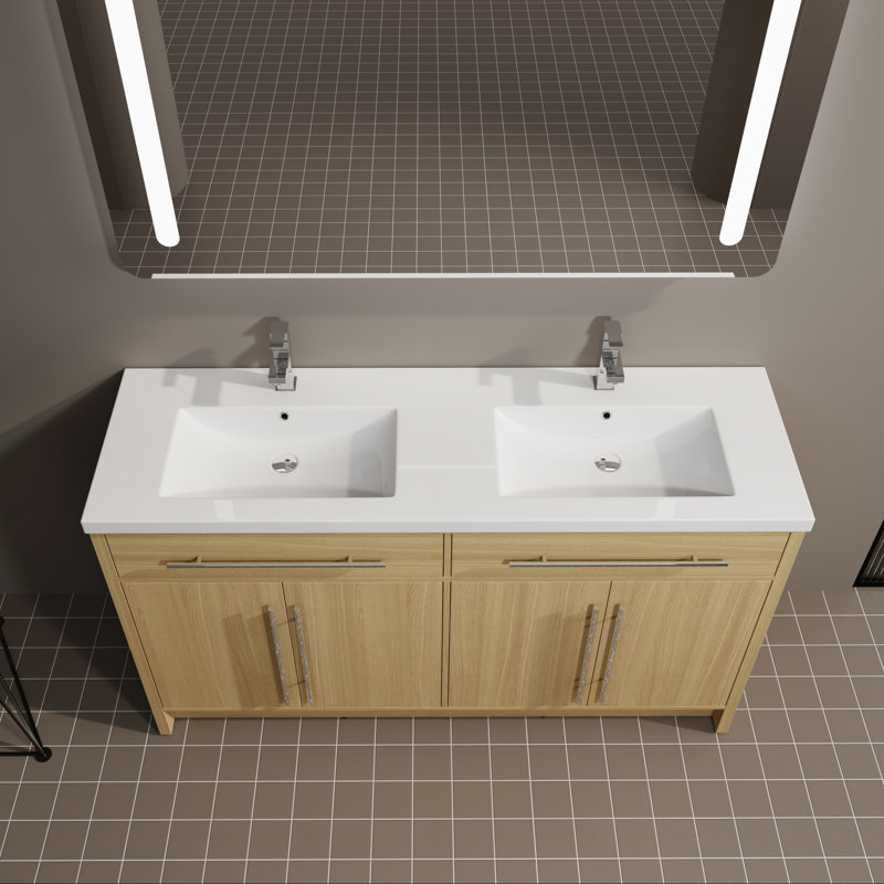 Meuble-lavabo double 59 1/8 po - Armoire en chêne clair avec lavabo intégré, tablettes réglables et 2 options de couleur de poignée (poignée noire)