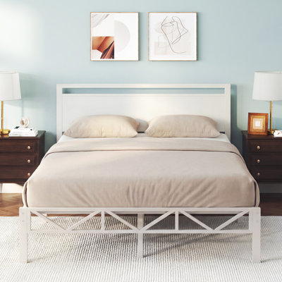 Queen Size Bed Frame With Headboard & Footboard, Easy Assembly Sturdy Metal Platform Bed, Anti-slip & Silent Support, No Box Spring Needed With Underbed Storage, Modern Bedroom Furniture, White