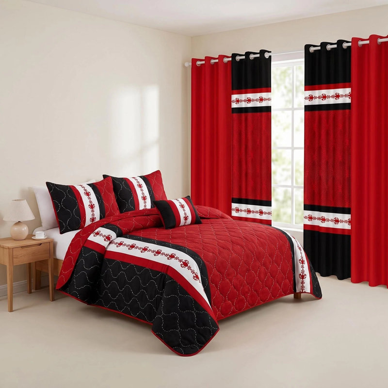 Ensemble de couvre-lit et rideau 9 pièces en microfibre rouge et noir avec 2 taies décoratives et 6 œillets filtrant la lumière