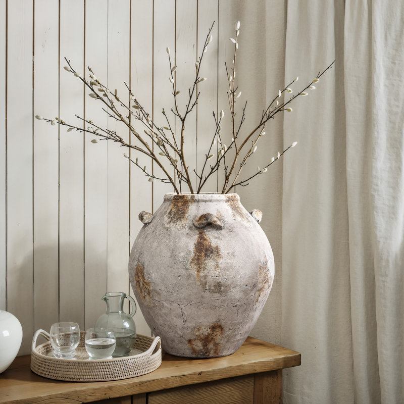 Mottled Brown and White Terracotta 12-Inch Tall Indoor and Outdoor Jug Vase with Handles