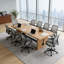 Table de conférence industrielle en bois massif avec 8 chaises de bureau ergonomiques en filet-1362171456