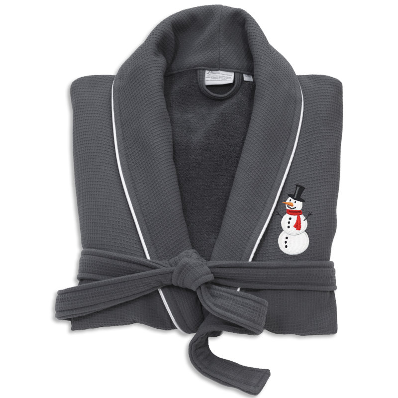 Peignoir bonhomme de neige brodé 100% coton gaufré Snowman, S / M, Gris foncé