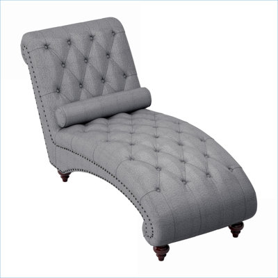 Chaise d'appoint capitonnée à boutons gris ardoise, garniture cloutée avec traversin, assise confortable en bois massif pour le salon