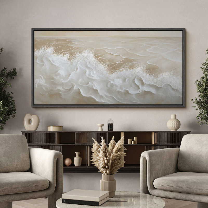 «Neutral Ocean Wave», toile encadrée - art marin côtier beige et blanc, Black, H 30 po x l 60 po