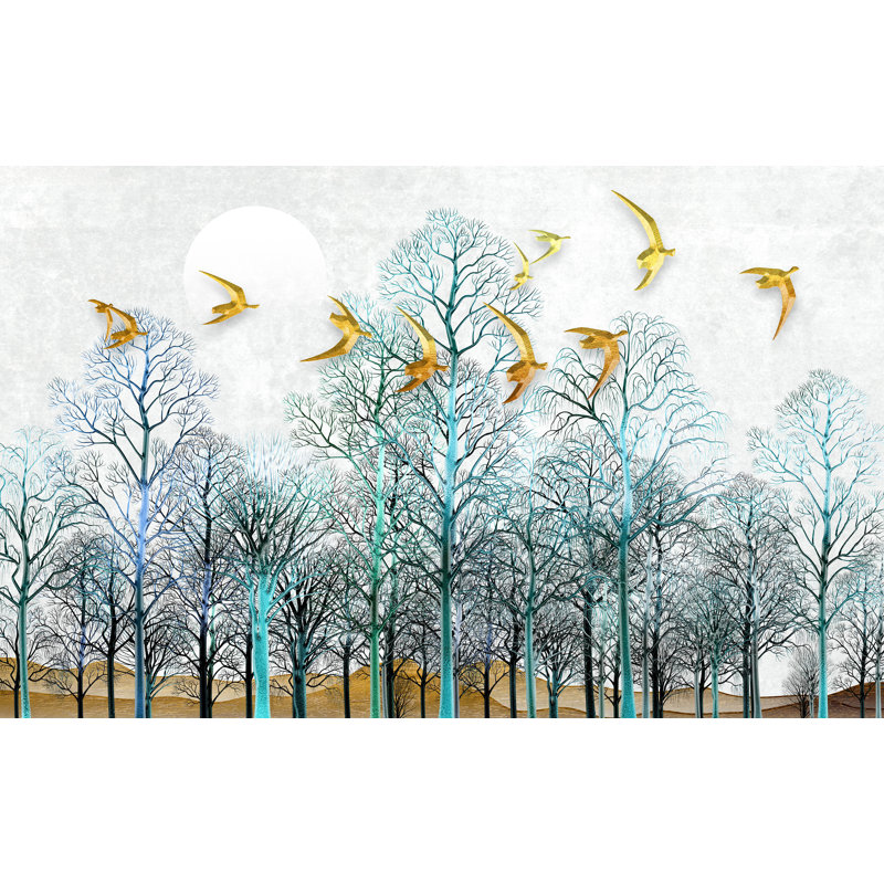 Vol doré: peinture sur toile 3D d'oiseaux dans la forêt, H 30 po x l 40 po x P 1,5 po