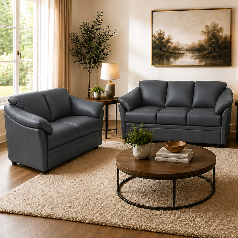Ensemble de canapés en cuir Ramdev, Canapé, causeuse, Cuir véritable bleu