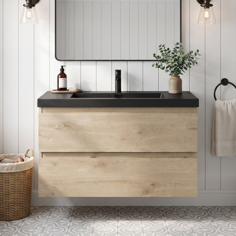 Meuble-lavabo mural en mélamine de bois de 91 cm (36 po), aspect bois naturel, surface résistante à l'usure, anti-rayures et non poreuse facile à nettoyer, préassemblé