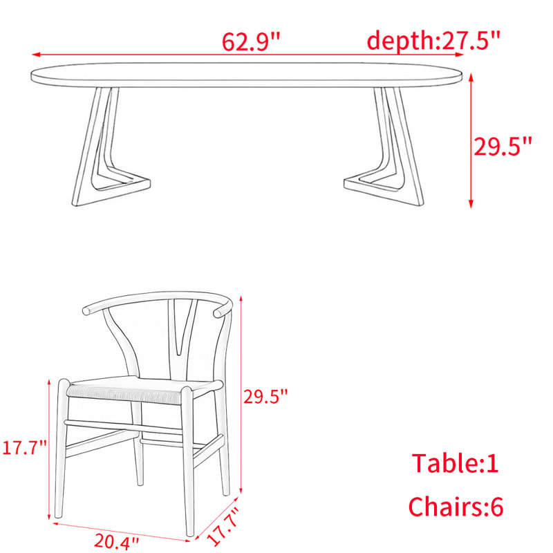 Modern simple solid wood dining table set., 29.5"H x 62.9"L x 27.5"W
