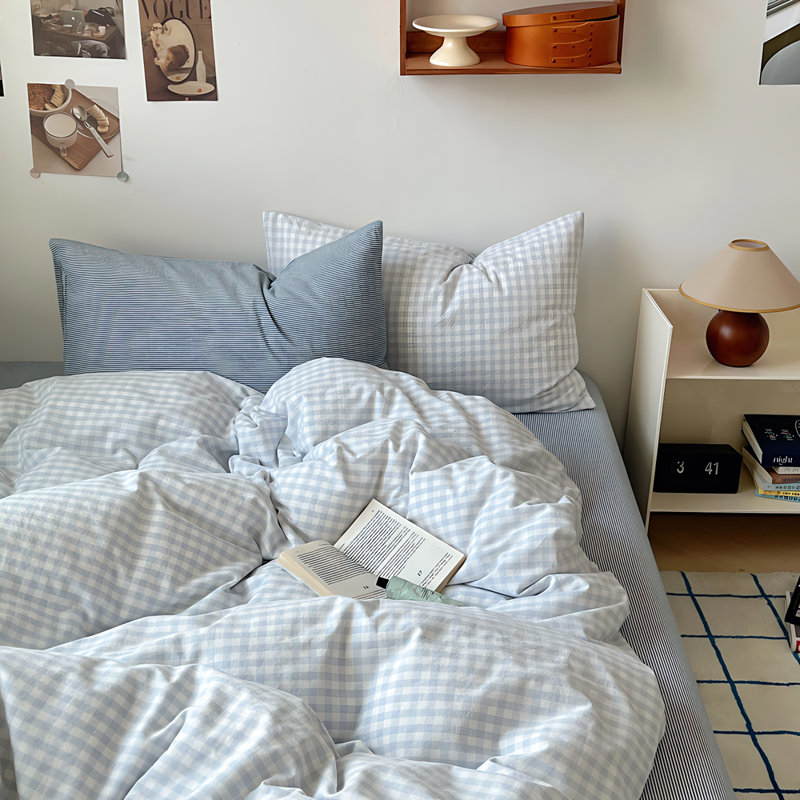 Ensemble de literie à carreaux Nhooroom, Bleu, Housse de couette grand et 2 taies d'oreiller stan