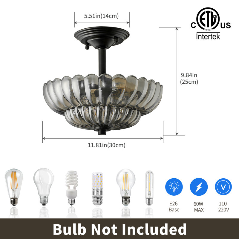 Plafonnier semi-encastré 3 lumières en verre cannelé gris fumée - 12 po, noir mat, H 9,84 po x l 11,81 po x P 11,81 po