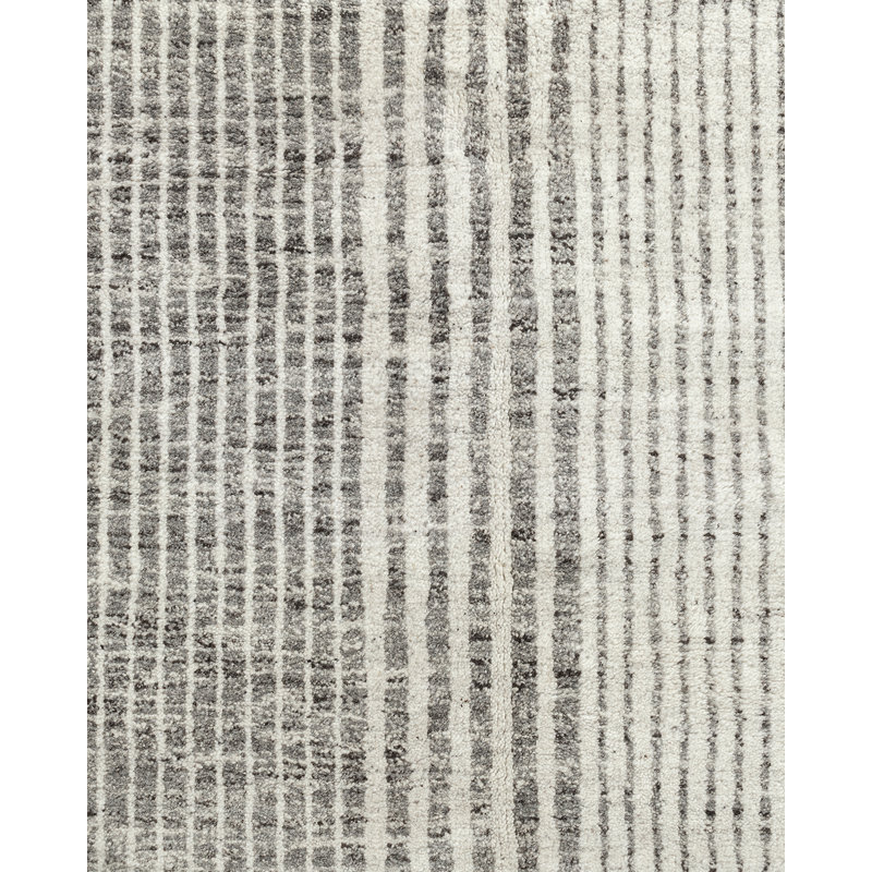 Organic Hand Knotted Striped Area Rug in White/Gray, Rectangle 8' x 10'