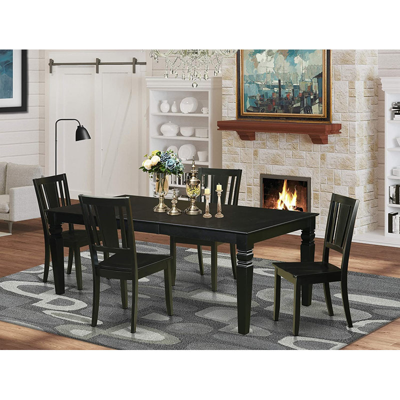 Ensemble de salle à manger 5 pièces comprenant une table rectangulaire avec rallonge papillon et 4 chaises de cuisine, noir