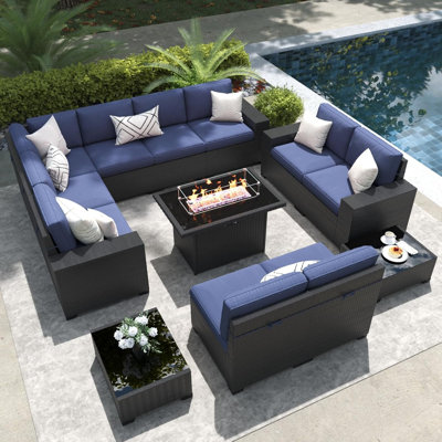 13 Pieces Outdoor Patio Furniture Set with 44" Fire Pit Table Brown Rattan Sectional Sofa Conversation Sets