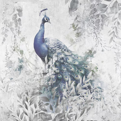 Élégant mur de paon bleu, oiseau de jardin botanique neutre, scène de nature, papier peint pour salon, chambre à coucher, décor de salle à manger