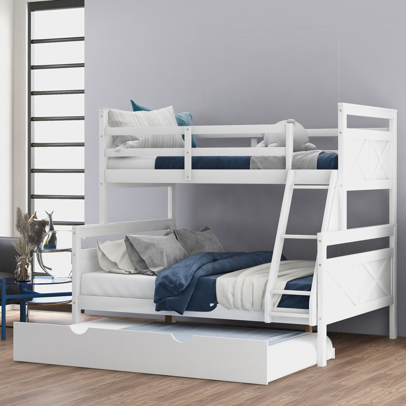 Lit simple superposé au dessus d'un lit double avec lit gigogne, échelle et barrière de sécurité, base de lit en bois peu encombrante, blanc
