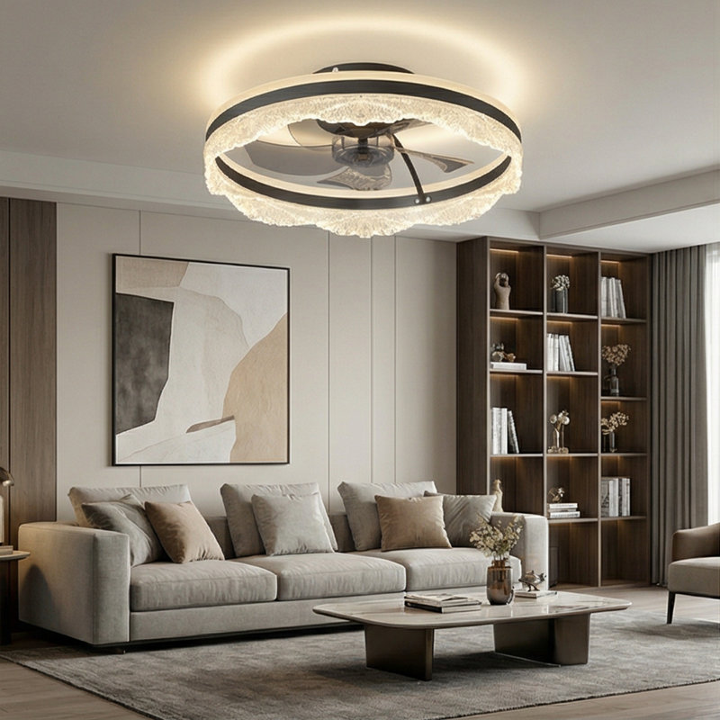 Ventilateur de plafond à DEL 20 po avec frange en acrylique noir, télécommande et application, 6 vitesses