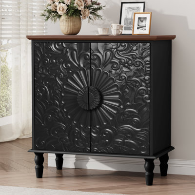 Armoire buffet 28,74 "à 2 portes avec design rétro en relief floral et plateau en bois, noir