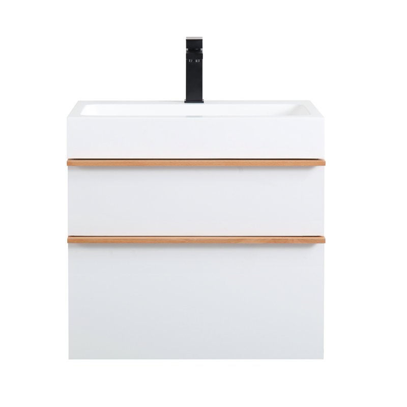 Meuble-lavabo mural blanc de 24 po pour salle de bain, lavabo en acrylique, glissières de tiroir à fermeture en douceur, poignées en bois véritable deux couleurs, installation de salle de bain à finition mate, glissières silencieuses, personnalisable