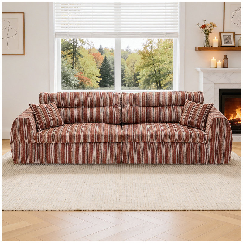 Canapé tissé à compression en chenille rayée, canapé compact à rangée droite avec éponge haute densité, canapé économiseur d'espace requis sans assemblage pour salon, appartement, bureau (rayure acajou)