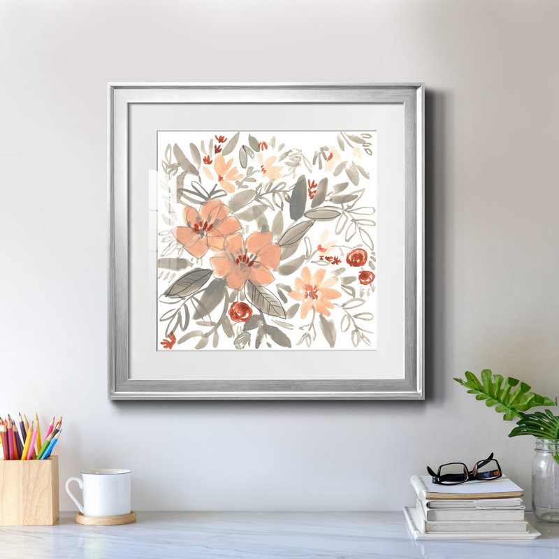 13_Pêche et rouille Blooms I-Premium, reproduction encadrée - prête à être accrochée, Papier avec cadre argenté, Blanc