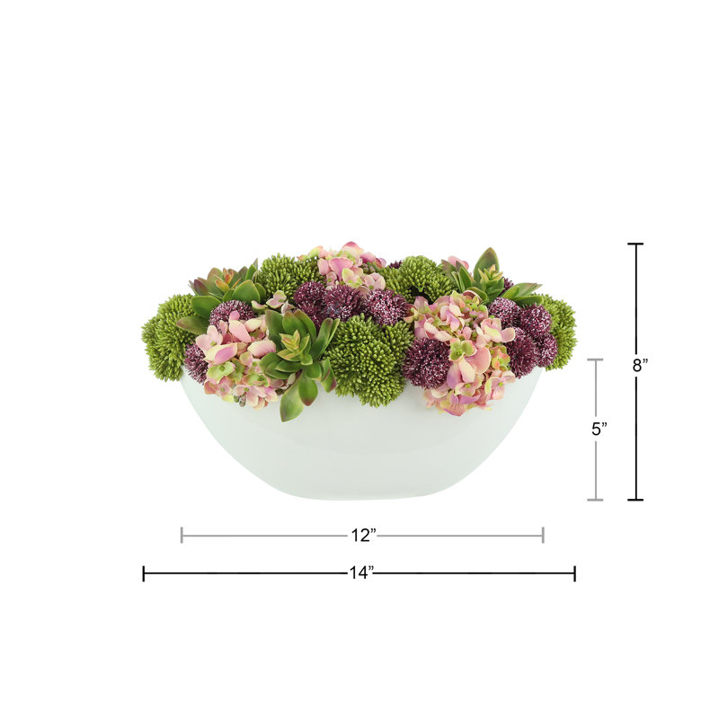 Hydrangea, Succulents and Pompom in White Planter
