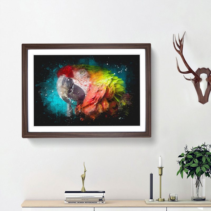 Rainbow Macaw Parrot - Picture Frame Graphic Art, 24cm H x 33cm W x 2cm D, Walnut Framed