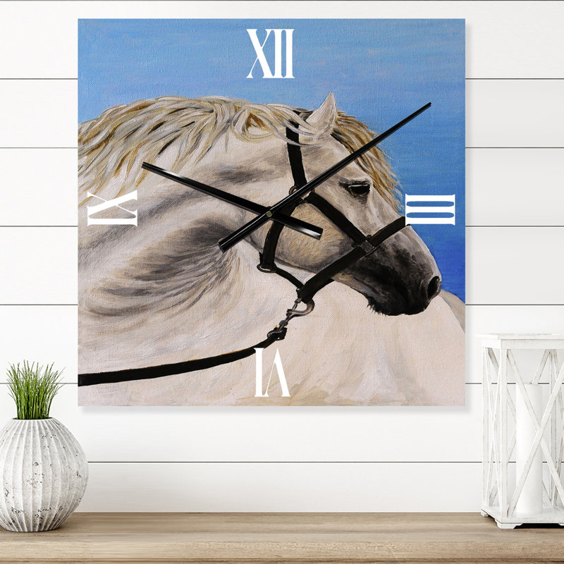 Portrait d'un cheval blanc dans le sillon - Horloge murale de ferme, Moyen