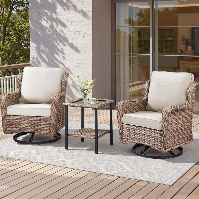 Ensemble de conversation à bascule pivotant en osier pour 2 personnes avec table d'appoint et coussins, Beige
