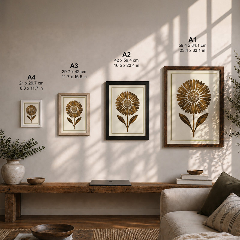 Sunflower Study Botanical - Framed Print, A3 - 42.0 x 29.7 cm, Black