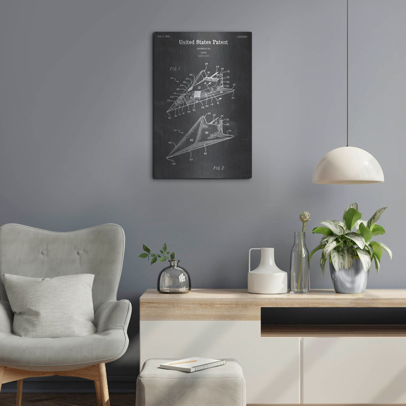 «F-117 Nighthawk Stealth Fighter Blueprint Vernis Chalkboard», art mural en métal, H 24 po x l 16 po