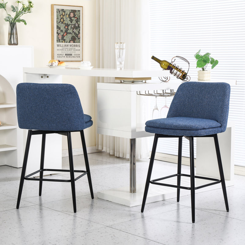 Ensemble de 2 tabourets de bar pivotants rembourrés en lin bleu avec dossier et pieds en métal, siège d'une hauteur de 25,6 po