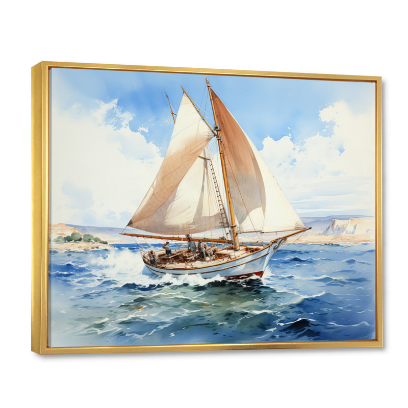 Voilier dans le vent III sur toile, H 24 po x l 32 po x P 1 po, Cadre flottant doré
