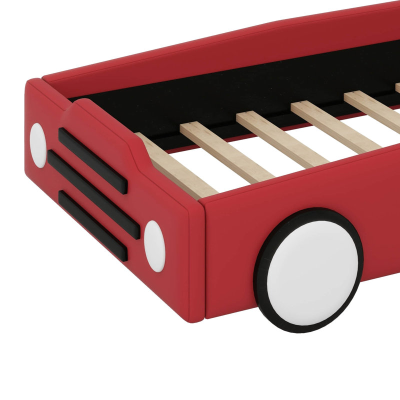 Lit plateforme simple en forme de voiture de course - avec roues attachées, Rouge