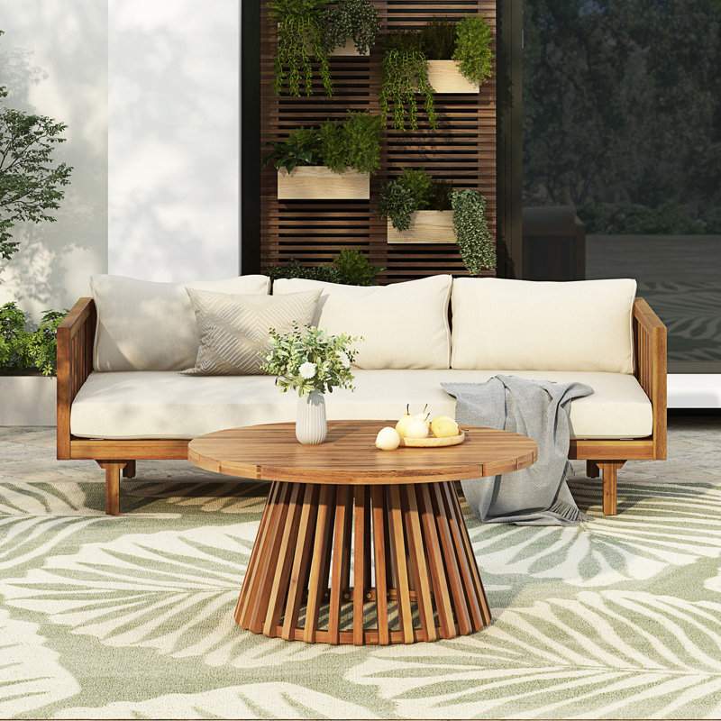 Patio Furniture Set, Outdoor 3 Seater Sofa And Round Coffee Table, Beige