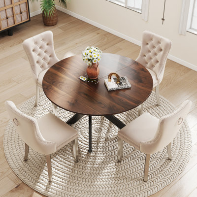 Round Wooden Dining Set with Tufted Dining Chair