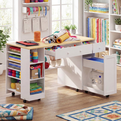 53″W Pull-Out Sewing Craft Table with Storage,Mobile Sewing Machine Desk with Drawers & Adjustable Cabinet