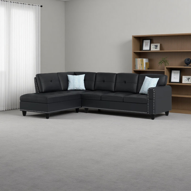 Faux Leather L - Shaped Sectional With Cup Holders 2Pc, Black