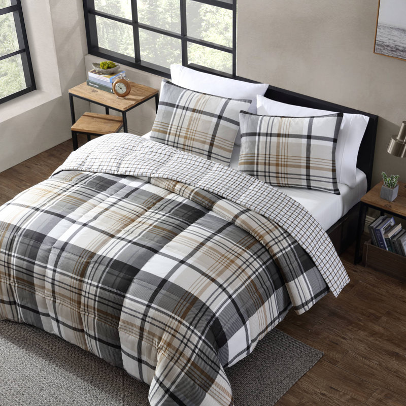 Twin Black and Tan Plaid Reversible Comforter Set