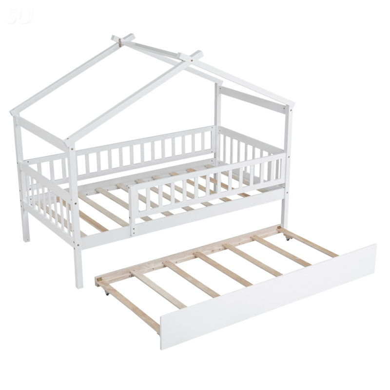 Lit simple en bois avec lit gigogne simple, blanc, lit