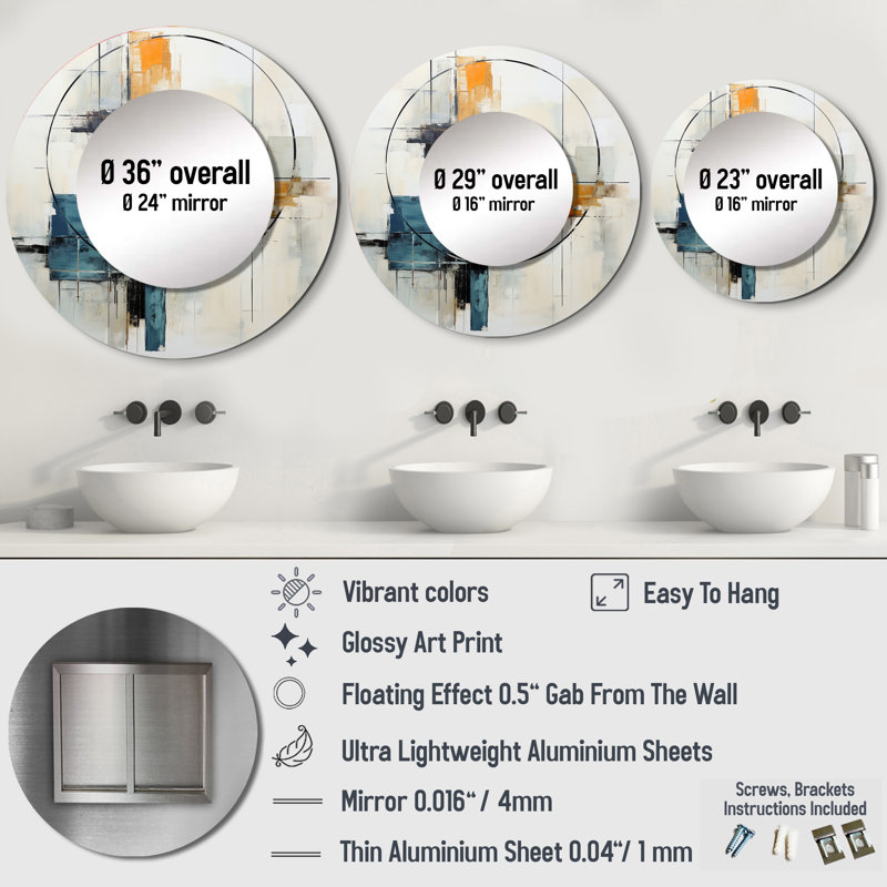 Beige minimaliste Patchwork VI - miroir décoratif minimaliste, miroir mural rond moderne, impression d'art en métal