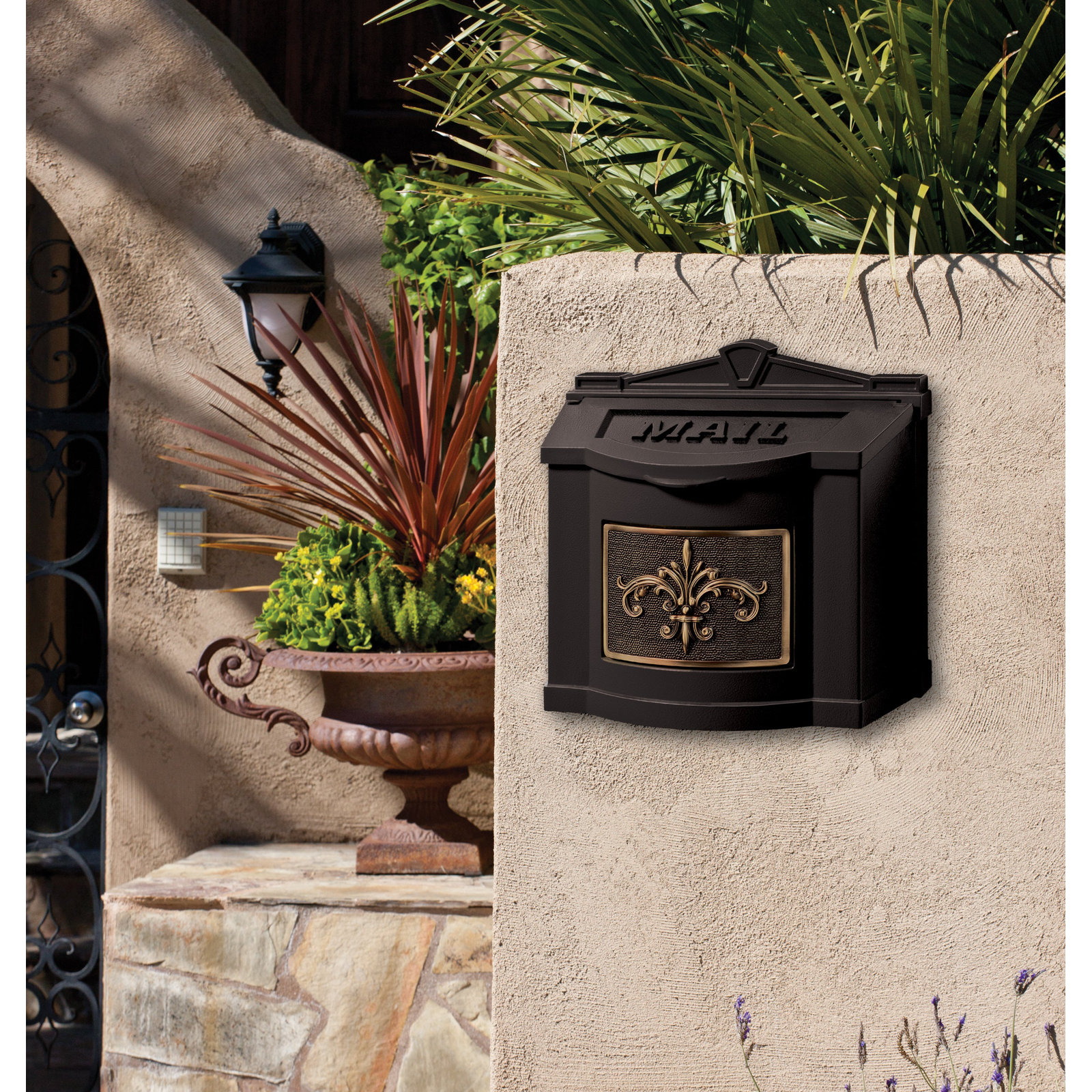 Wall-Mounted Mailbox with Brass Accent, Black